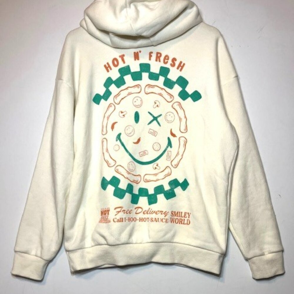 Smiley World Pizza Delivery Service‎ Cream Beige Retro Streetwear Hoodie Sz M